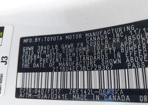 2011 Toyota Corolla S z USA, uszkodzony, nr VIN 2T1BU4EE3BC729367